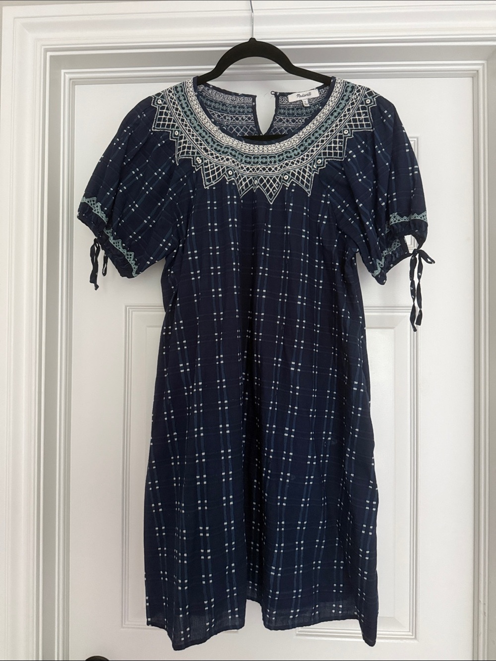 Madewell Navy Blue Plaid Embroidered Mini Dress